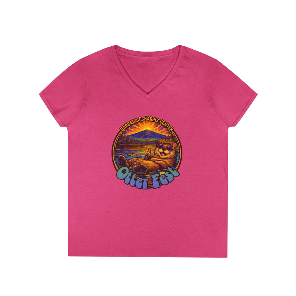 Otter Fest graphic V-Neck T-Shirt | Otter Illustration, Sunset Lake Scene