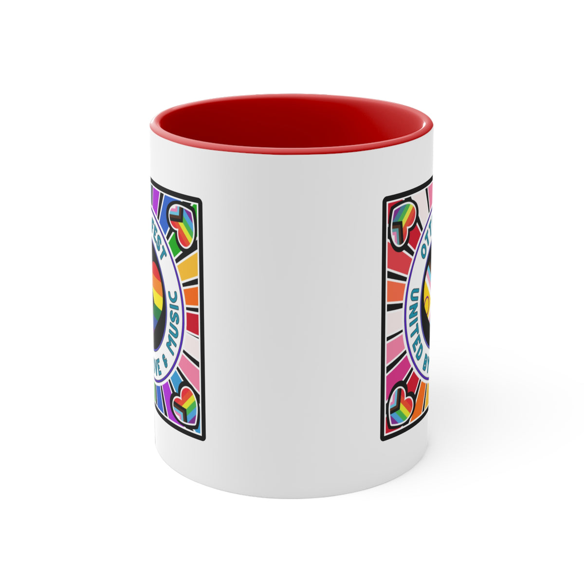 Otter Fest Pride Heart mug | United by Love & Music, Rainbow Accent Mug