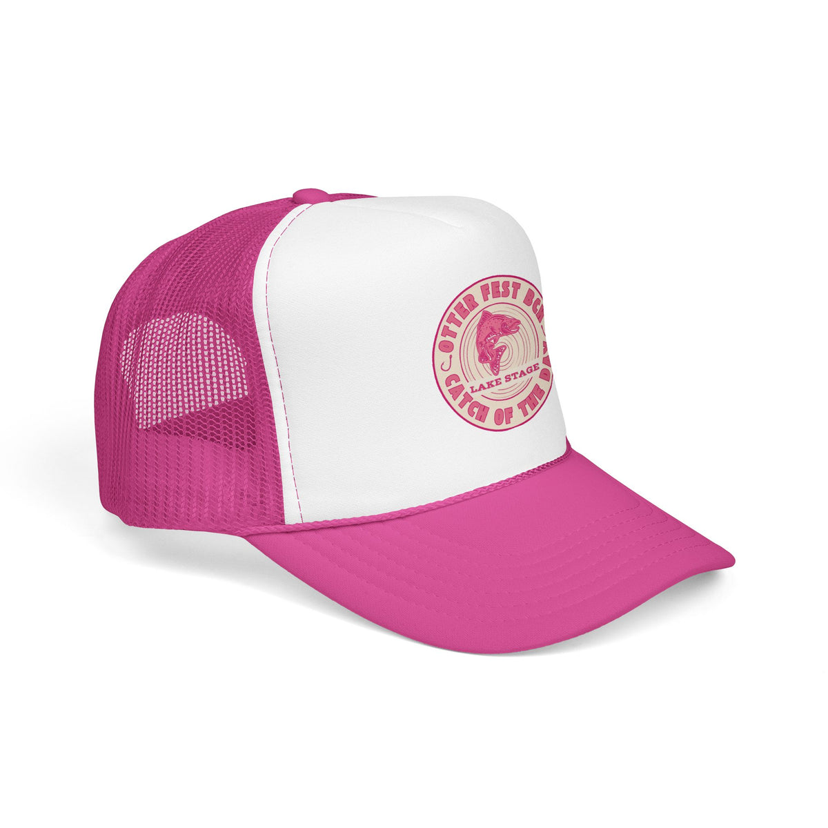 Otter Fest Pink Retro Casting Lake Stage Badge Foam Trucker Hat | Breast Cancer Awareness Month Tribute