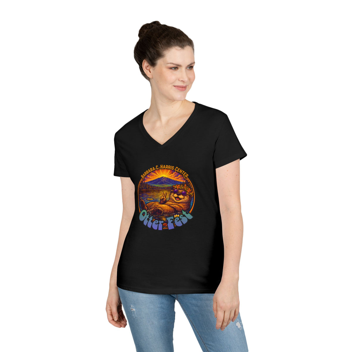Otter Fest graphic V-Neck T-Shirt | Otter Illustration, Sunset Lake Scene