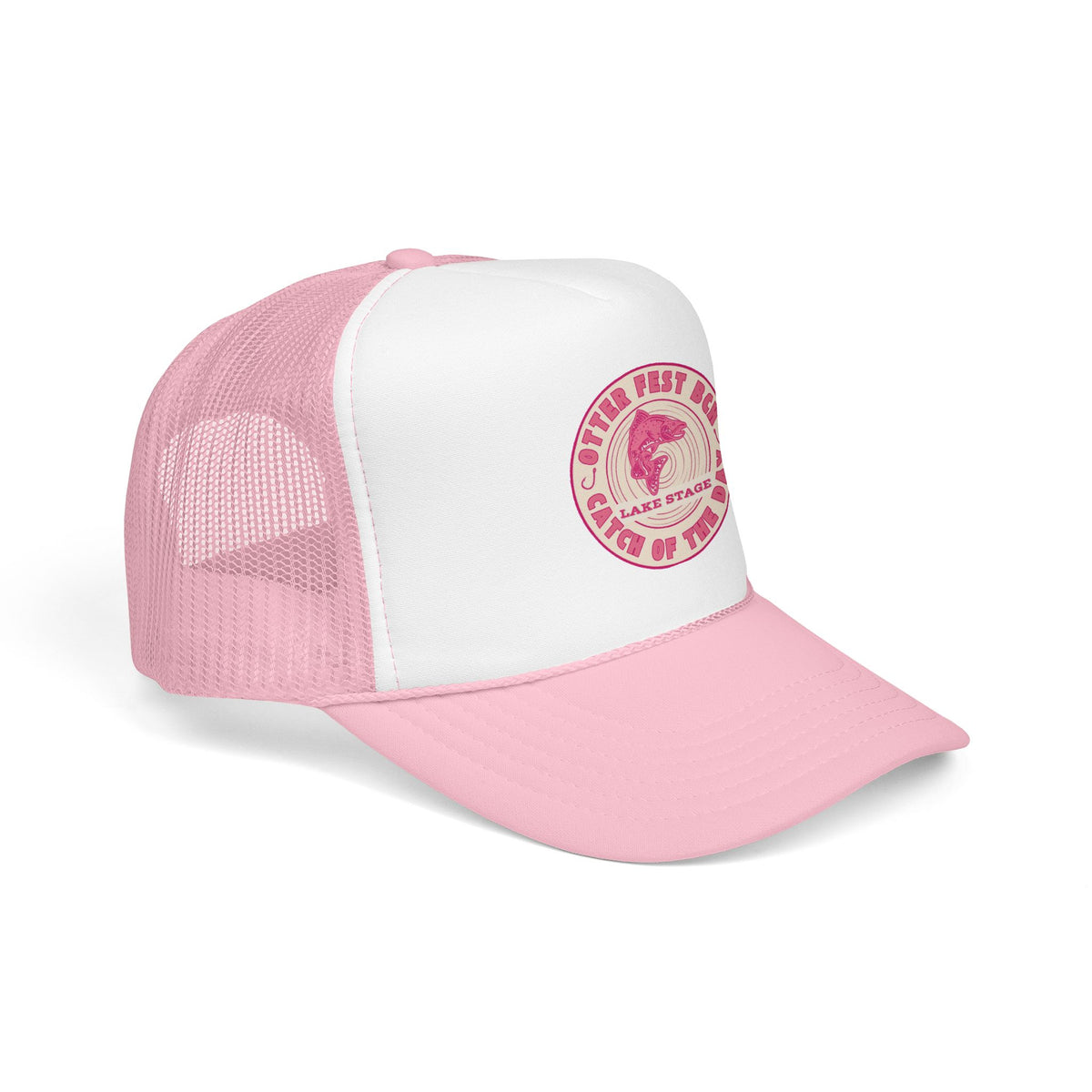 Otter Fest Pink Retro Casting Lake Stage Badge Foam Trucker Hat | Breast Cancer Awareness Month Tribute