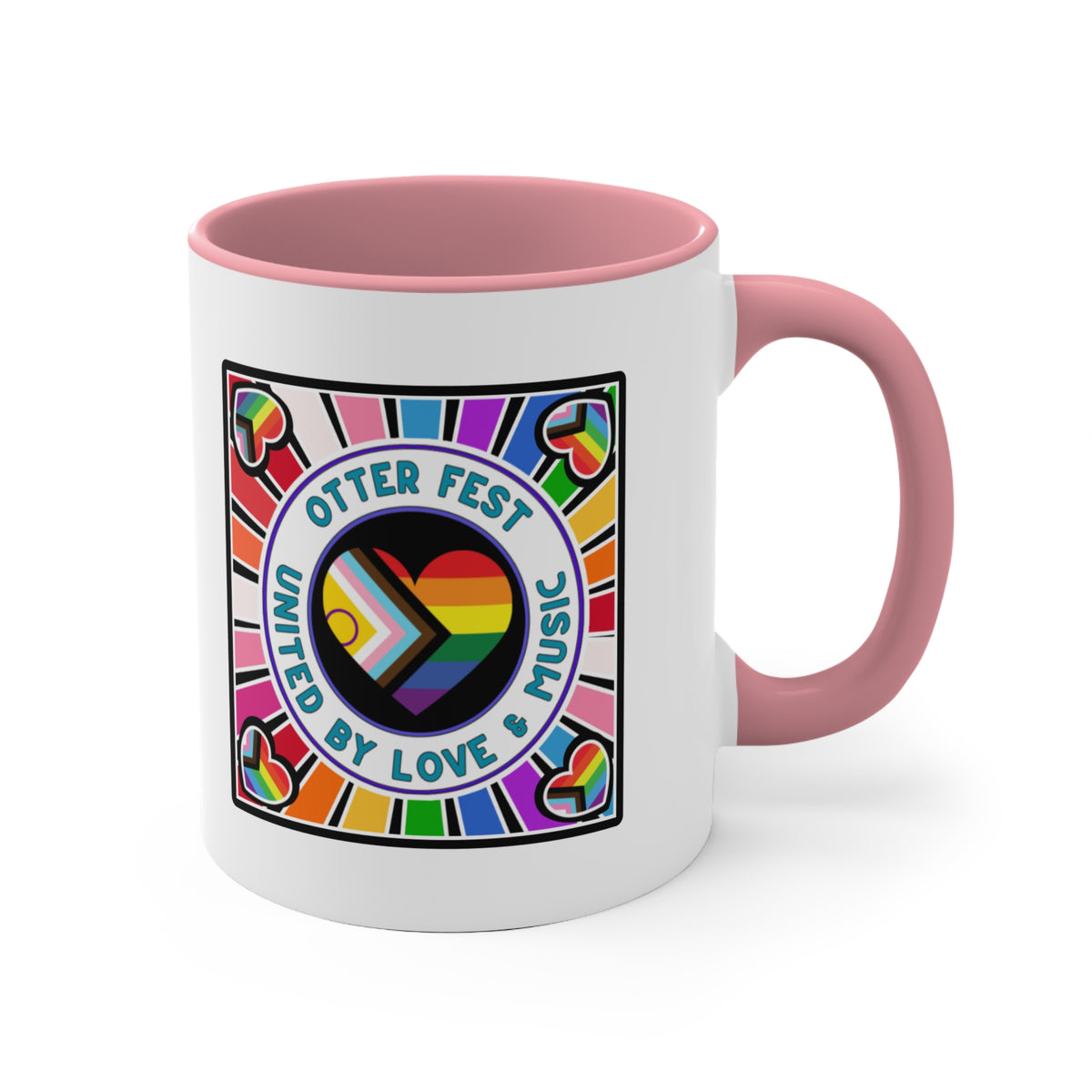 Otter Fest Pride Heart mug | United by Love & Music, Rainbow Accent Mug