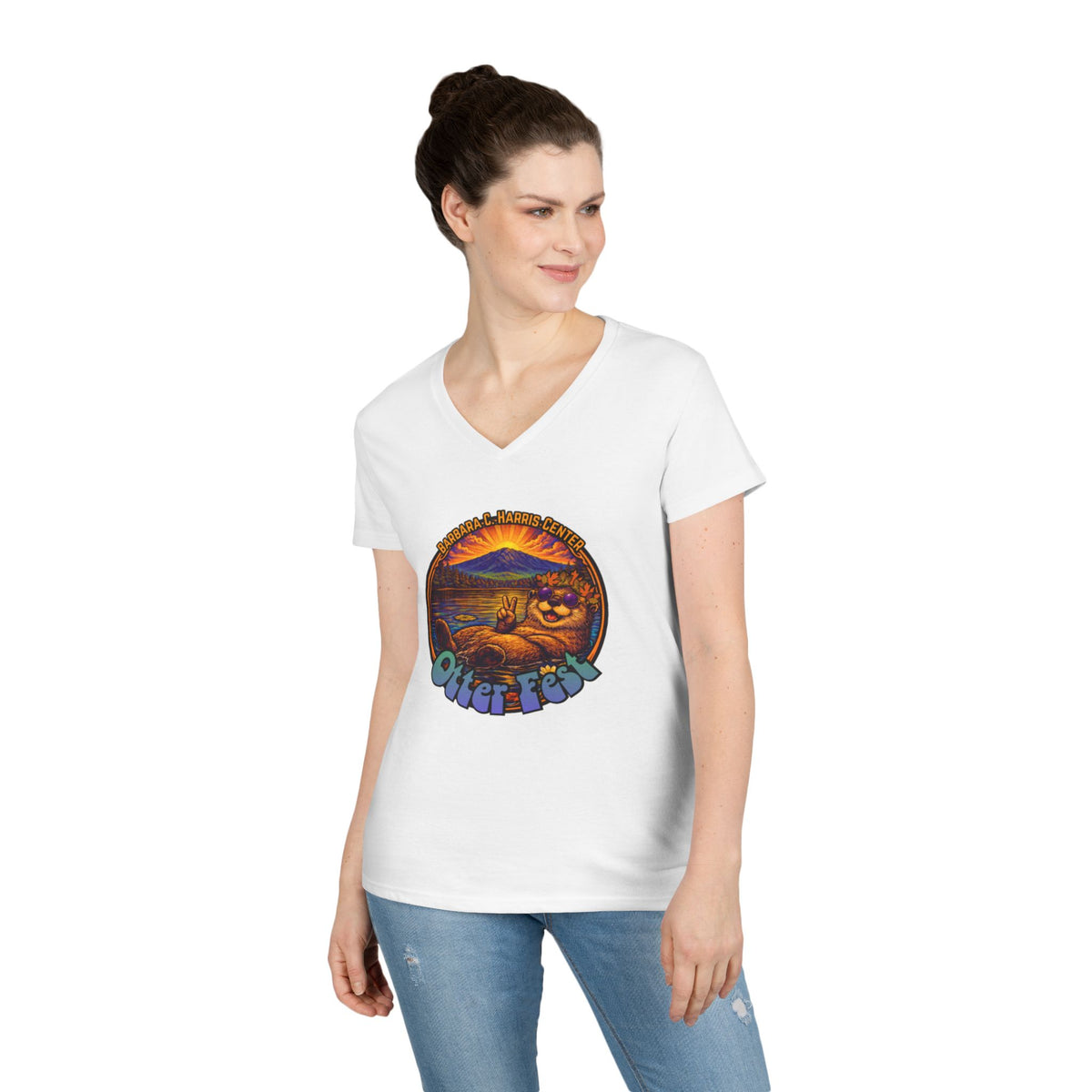 Otter Fest graphic V-Neck T-Shirt | Otter Illustration, Sunset Lake Scene