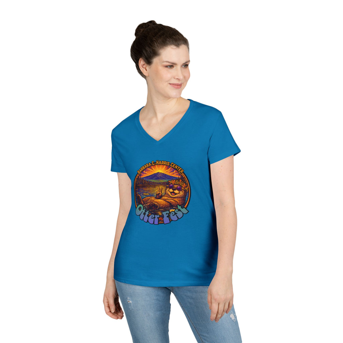 Otter Fest graphic V-Neck T-Shirt | Otter Illustration, Sunset Lake Scene