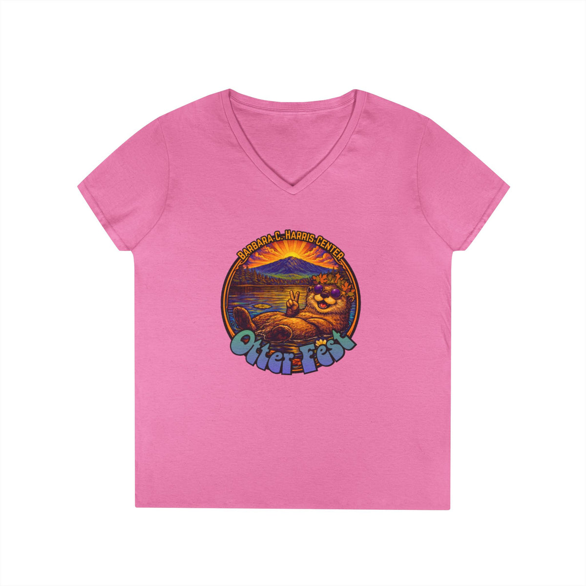 Otter Fest graphic V-Neck T-Shirt | Otter Illustration, Sunset Lake Scene
