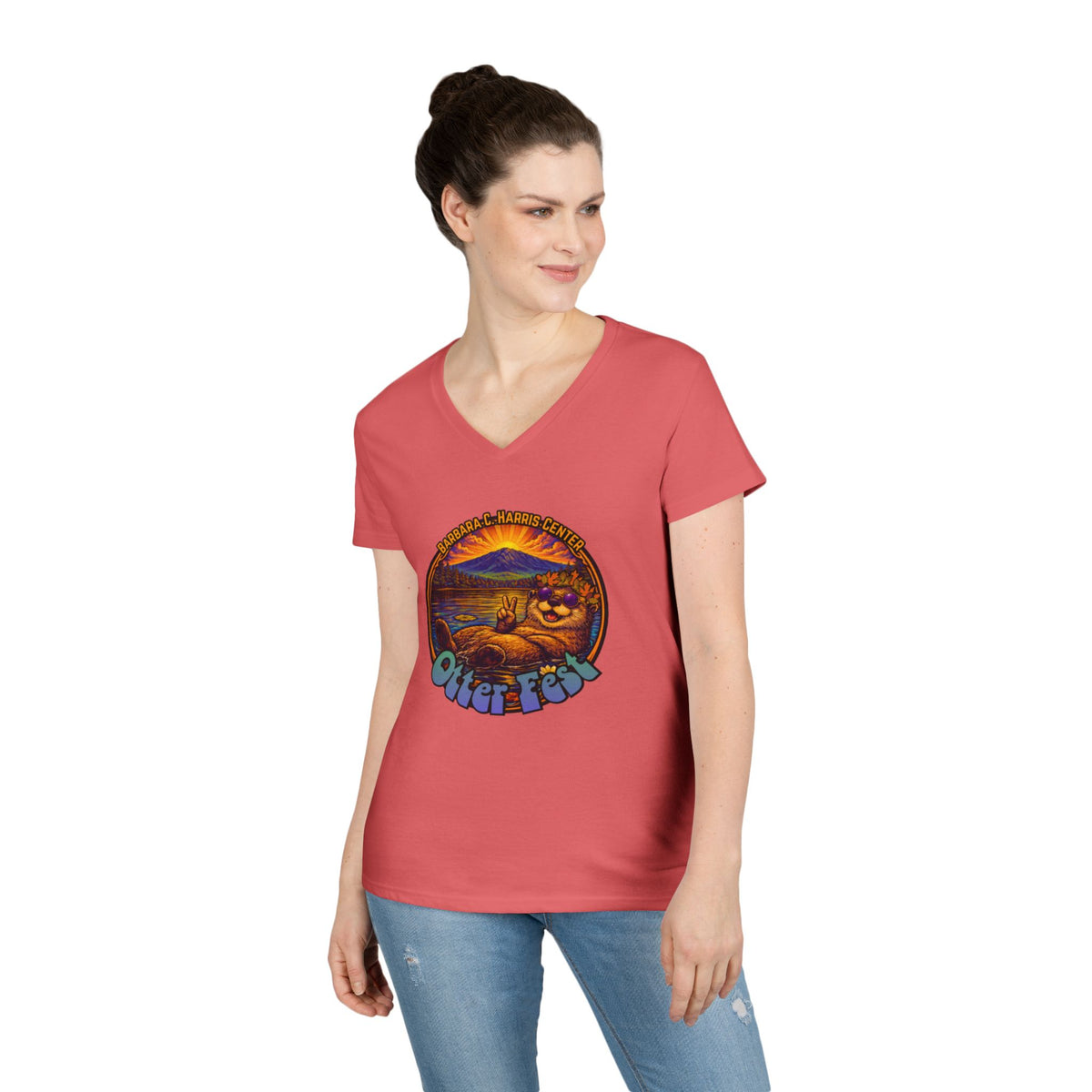 Otter Fest graphic V-Neck T-Shirt | Otter Illustration, Sunset Lake Scene