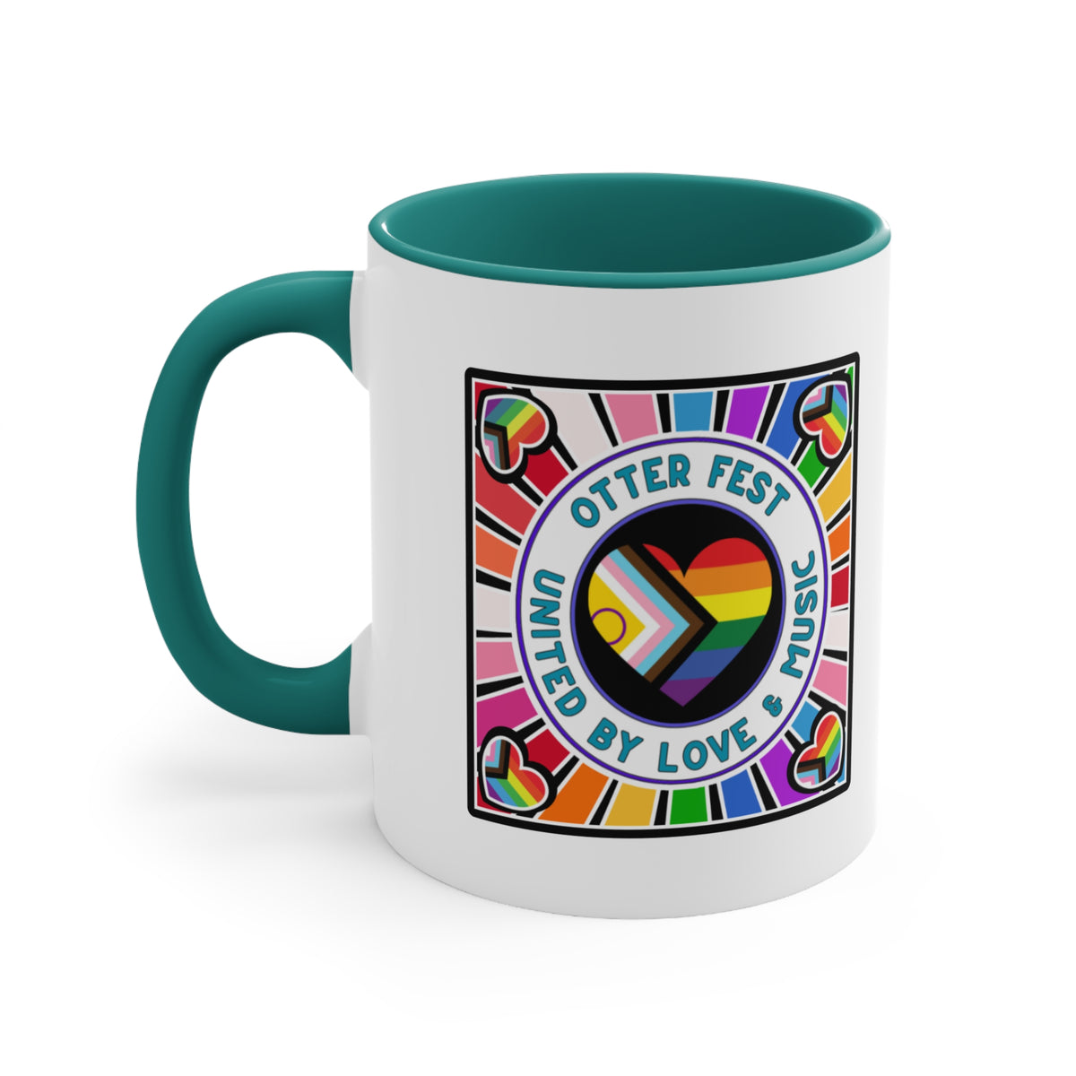 Otter Fest Pride Heart mug | United by Love & Music, Rainbow Accent Mug
