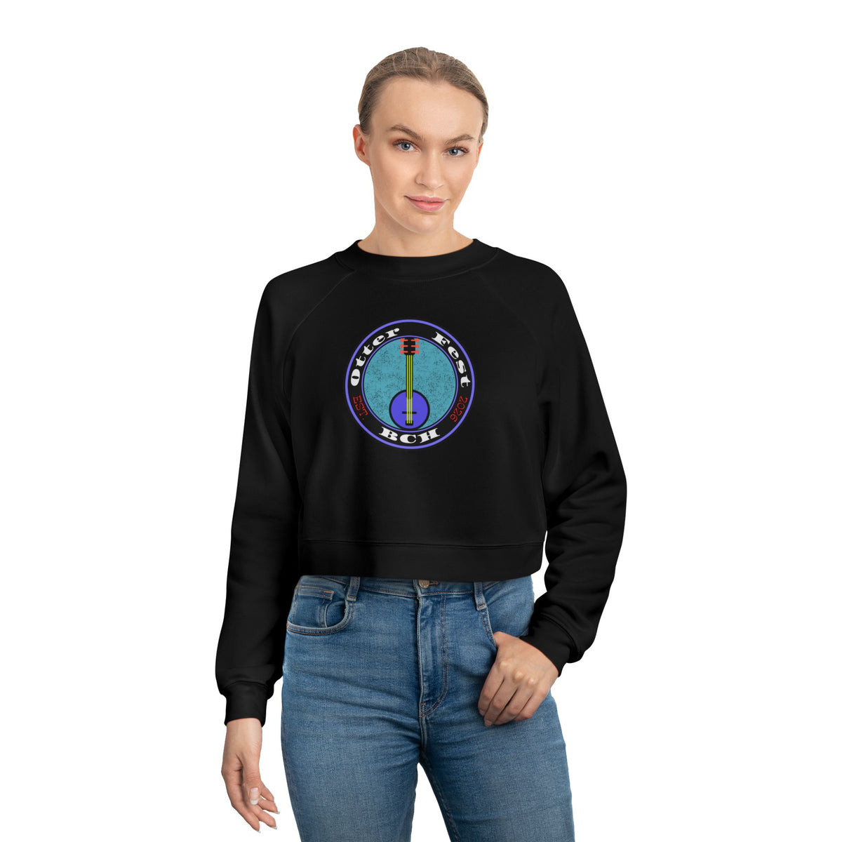 Otter Fest Picking' & Grinning Women's Cropped Banjo Sweatshirt | Musician Instrument Graphic