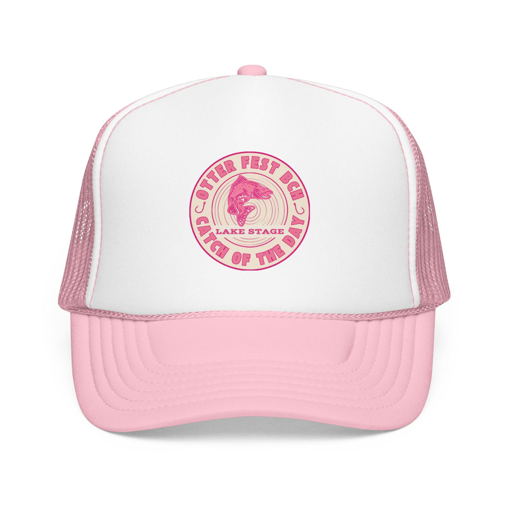 Otter Fest Pink Retro Casting Lake Stage Badge Foam Trucker Hat | Breast Cancer Awareness Month Tribute