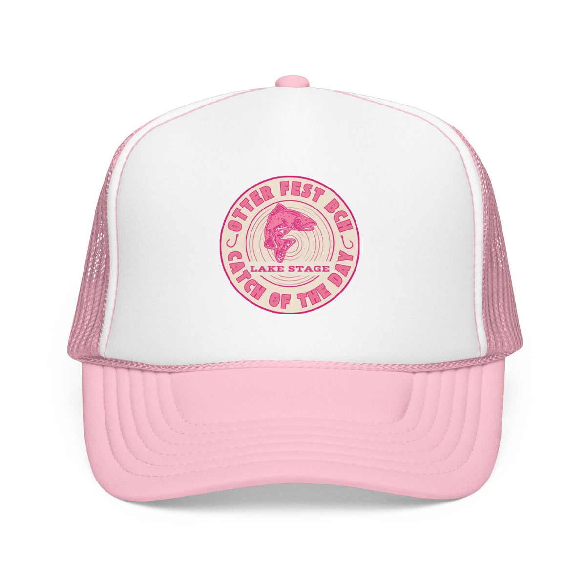 Otter Fest Pink Retro Casting Lake Stage Badge Foam Trucker Hat | Breast Cancer Awareness Month Tribute