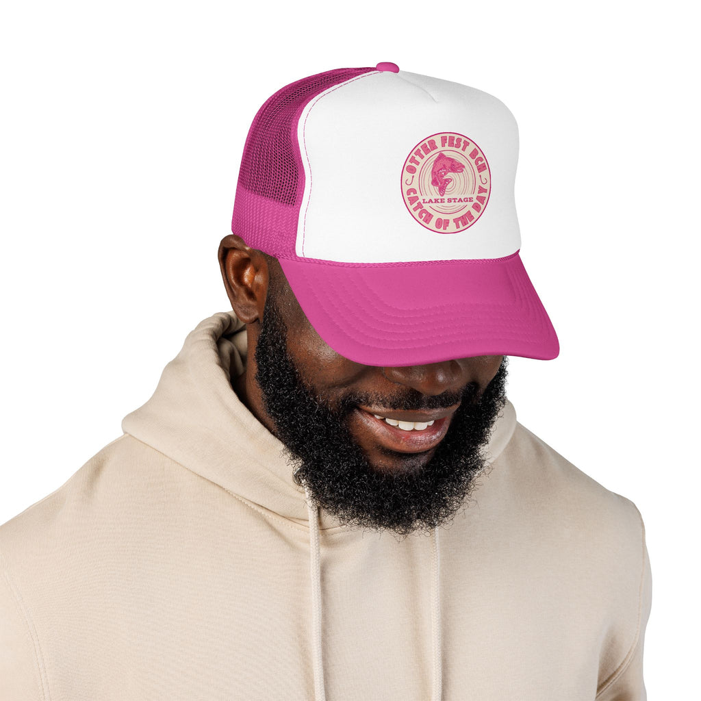 Otter Fest Pink Retro Casting Lake Stage Badge Foam Trucker Hat | Breast Cancer Awareness Month Tribute