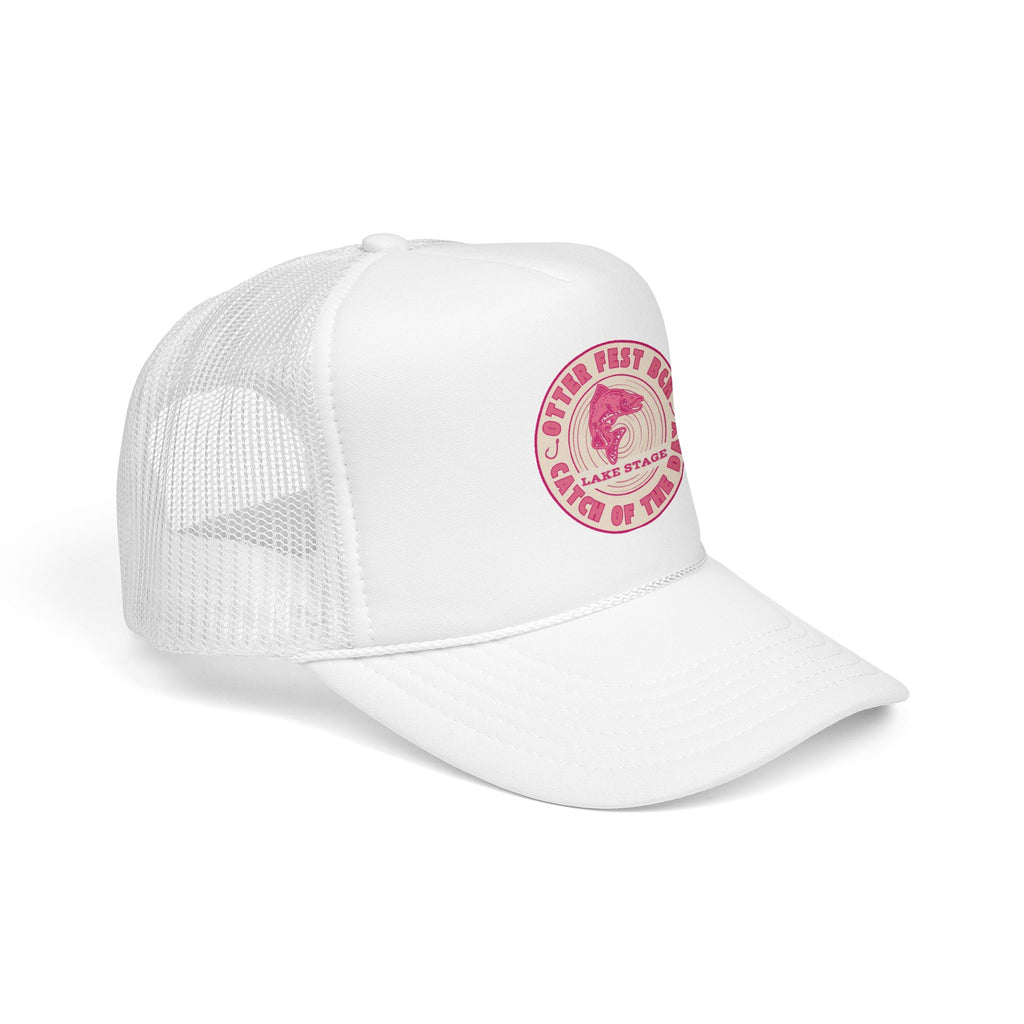 Otter Fest Pink Retro Casting Lake Stage Badge Foam Trucker Hat | Breast Cancer Awareness Month Tribute