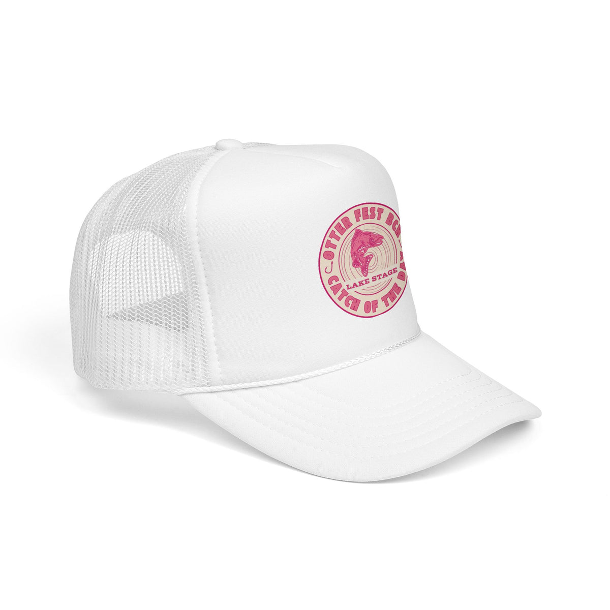 Otter Fest Pink Retro Casting Lake Stage Badge Foam Trucker Hat | Breast Cancer Awareness Month Tribute