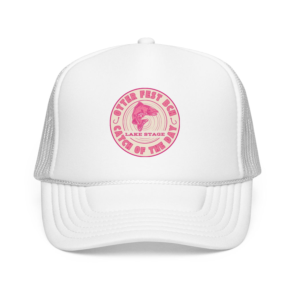 Otter Fest Pink Retro Casting Lake Stage Badge Foam Trucker Hat | Breast Cancer Awareness Month Tribute