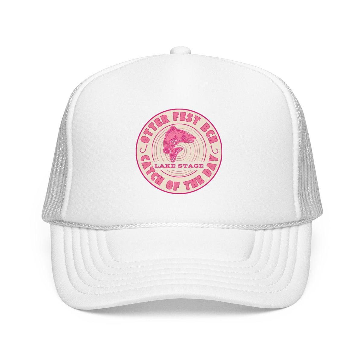 Otter Fest Pink Retro Casting Lake Stage Badge Foam Trucker Hat | Breast Cancer Awareness Month Tribute