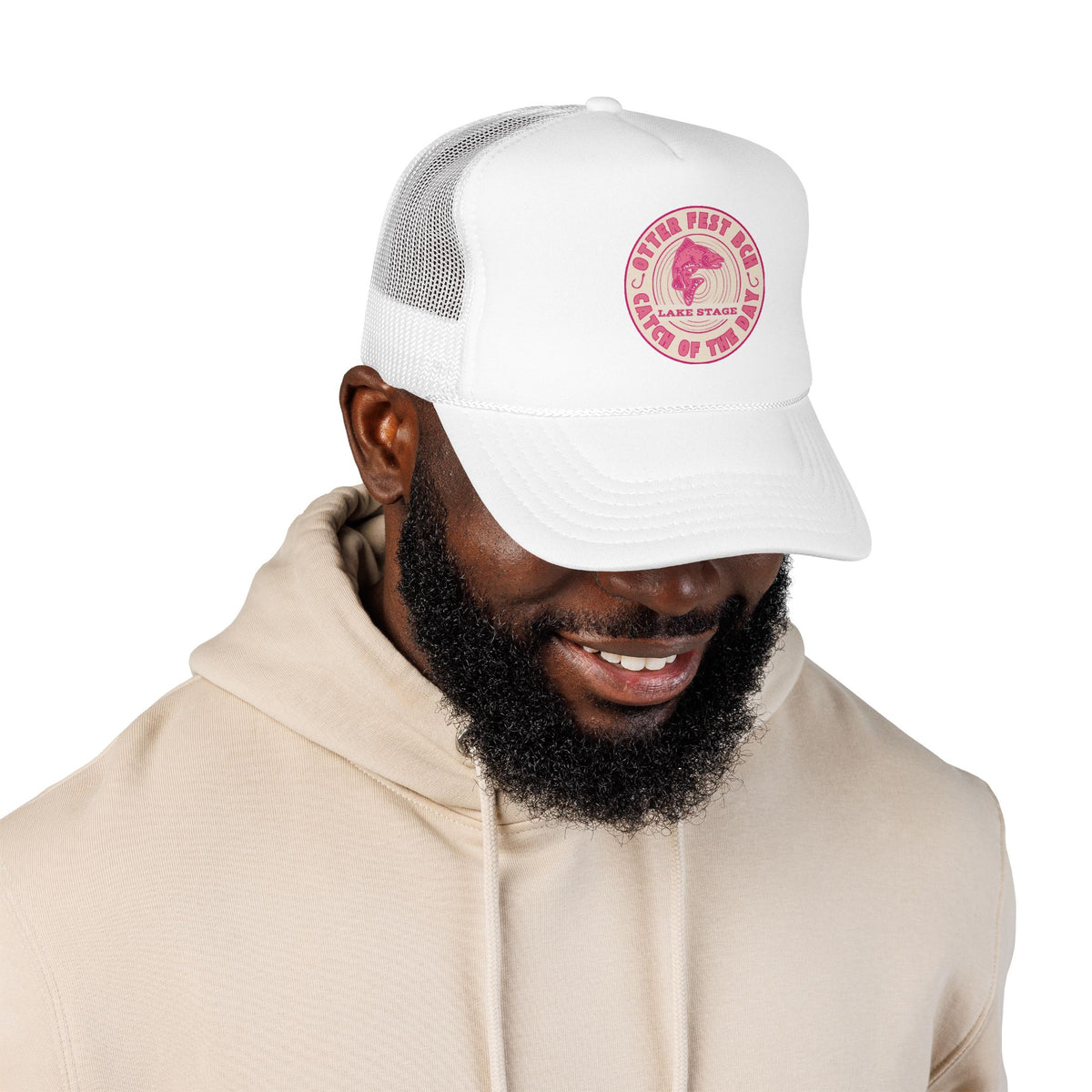 Otter Fest Pink Retro Casting Lake Stage Badge Foam Trucker Hat | Breast Cancer Awareness Month Tribute
