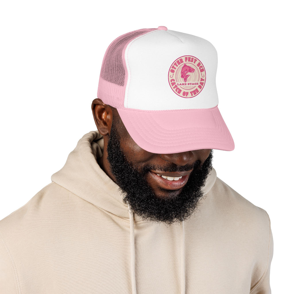Otter Fest Pink Retro Casting Lake Stage Badge Foam Trucker Hat | Breast Cancer Awareness Month Tribute