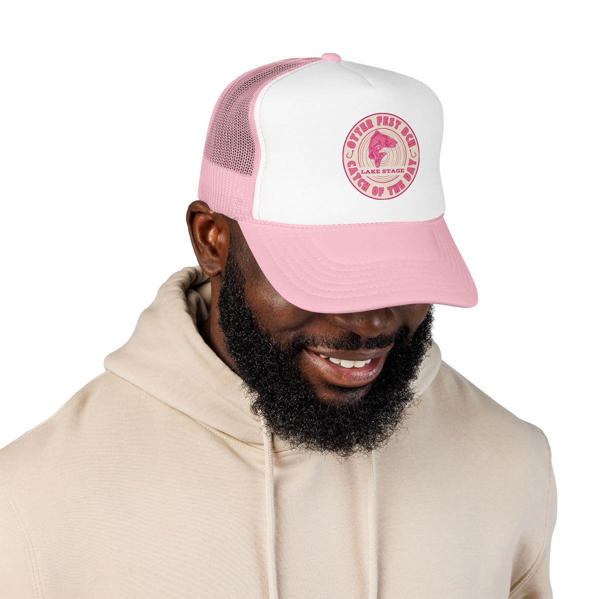 Otter Fest Pink Retro Casting Lake Stage Badge Foam Trucker Hat | Breast Cancer Awareness Month Tribute