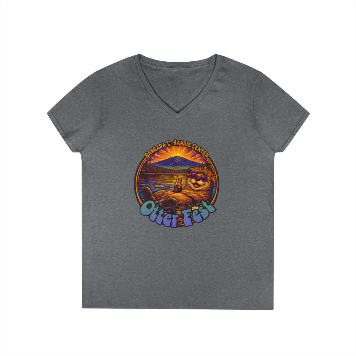 Otter Fest graphic V-Neck T-Shirt | Otter Illustration, Sunset Lake Scene