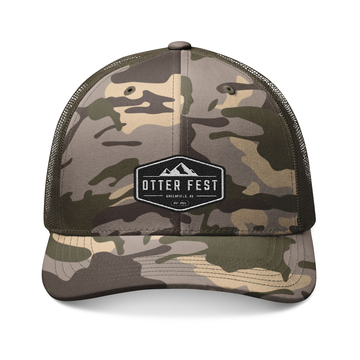 Otter Fest patch camo Trucker Hat | Embroidered outdoor logo cap