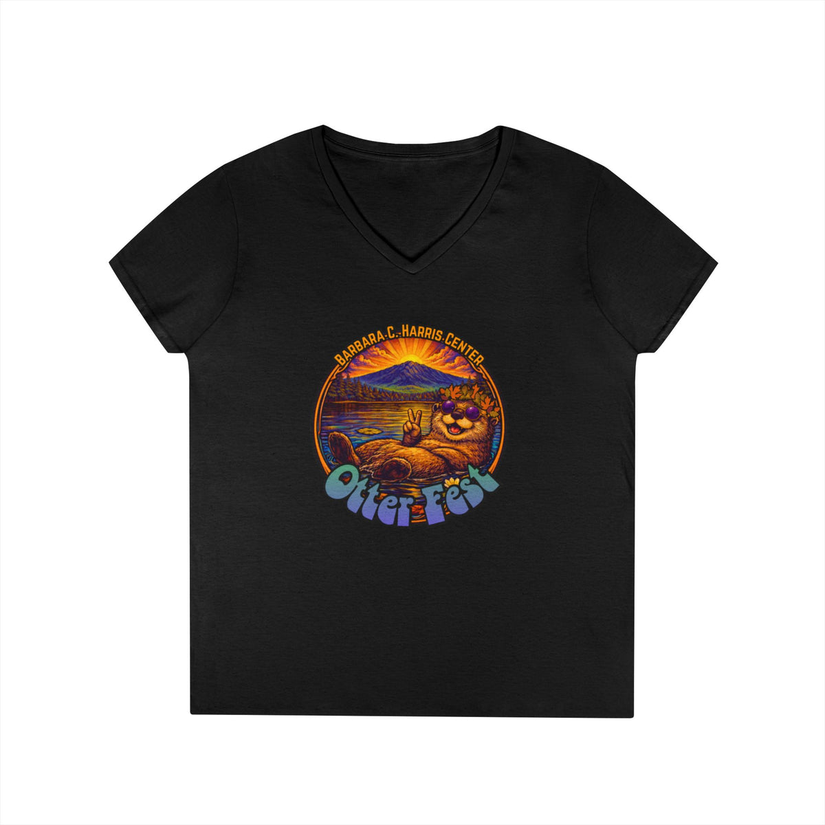 Otter Fest graphic V-Neck T-Shirt | Otter Illustration, Sunset Lake Scene