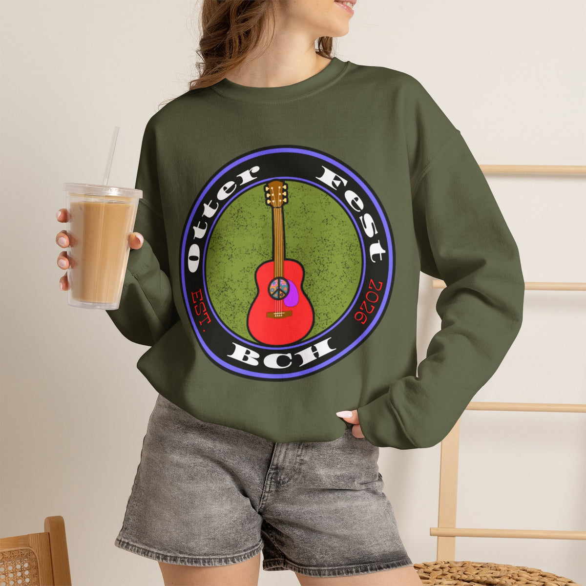 Acoustic Guitar Circle Logo Sweatshirt | Retro Folk Music Graphic