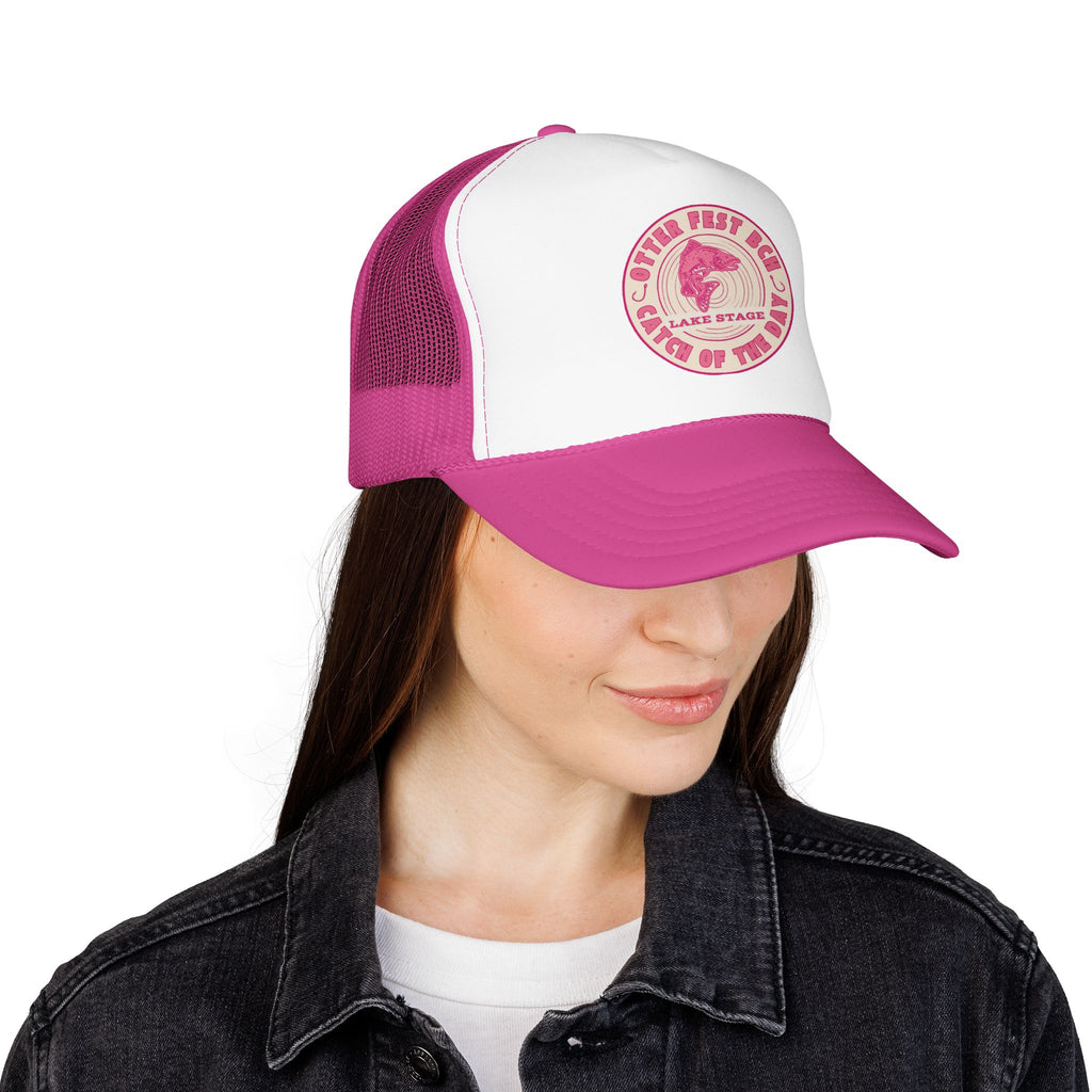 Otter Fest Pink Retro Casting Lake Stage Badge Foam Trucker Hat | Breast Cancer Awareness Month Tribute