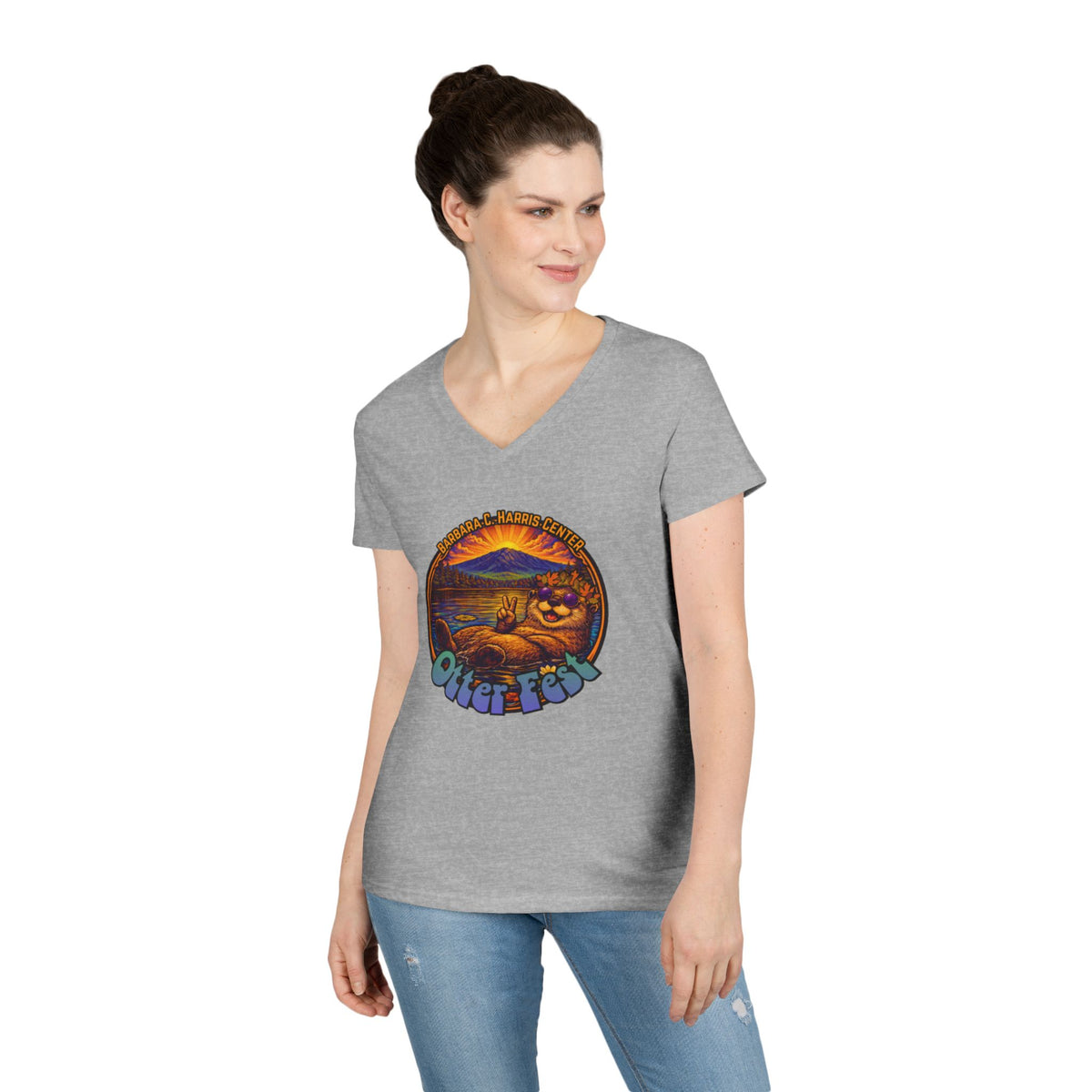 Otter Fest graphic V-Neck T-Shirt | Otter Illustration, Sunset Lake Scene