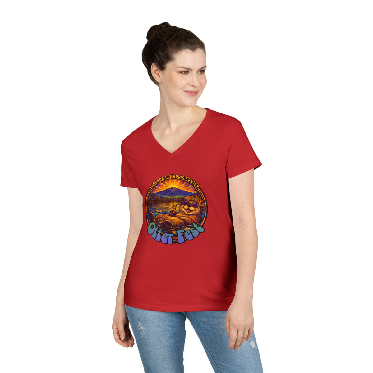 Otter Fest graphic V-Neck T-Shirt | Otter Illustration, Sunset Lake Scene