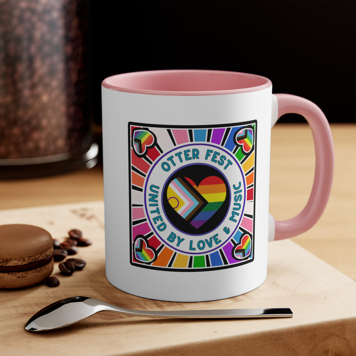 Otter Fest Pride Heart mug | United by Love & Music, Rainbow Accent Mug