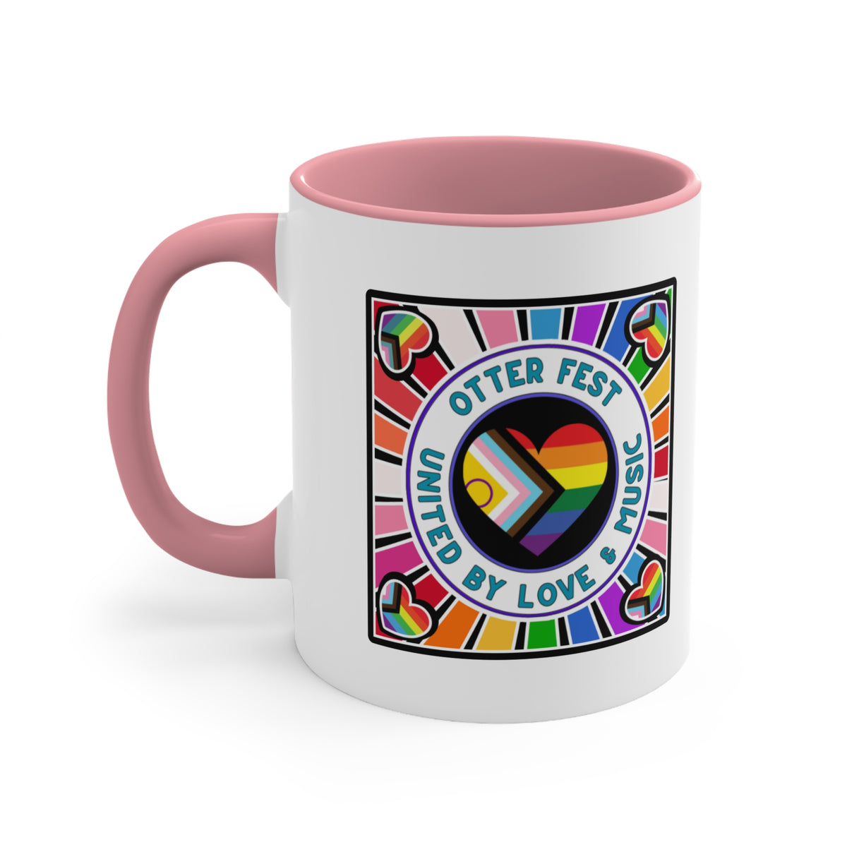 Otter Fest Pride Heart mug | United by Love & Music, Rainbow Accent Mug