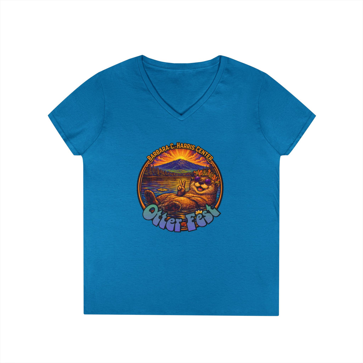 Otter Fest graphic V-Neck T-Shirt | Otter Illustration, Sunset Lake Scene