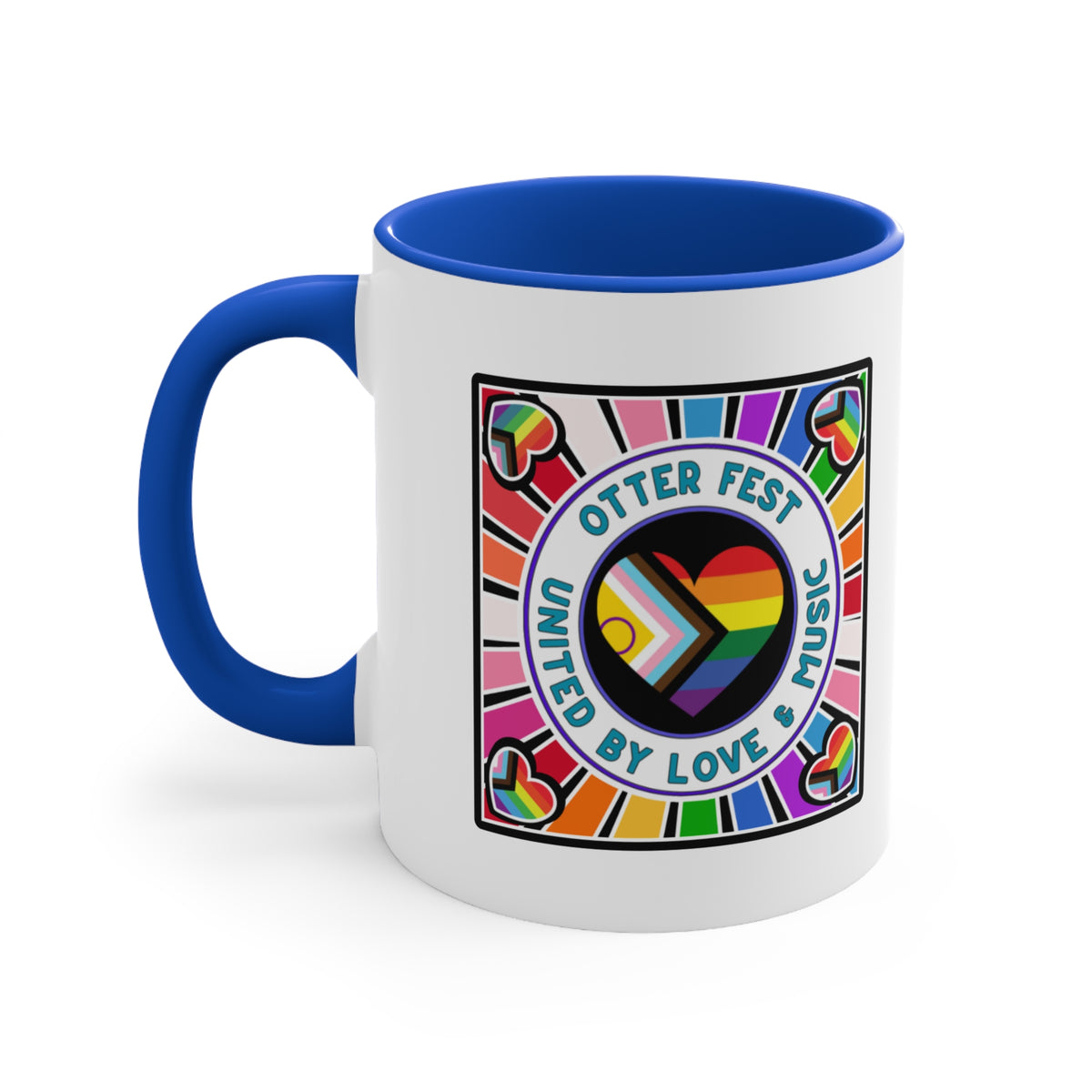 Otter Fest Pride Heart mug | United by Love & Music, Rainbow Accent Mug