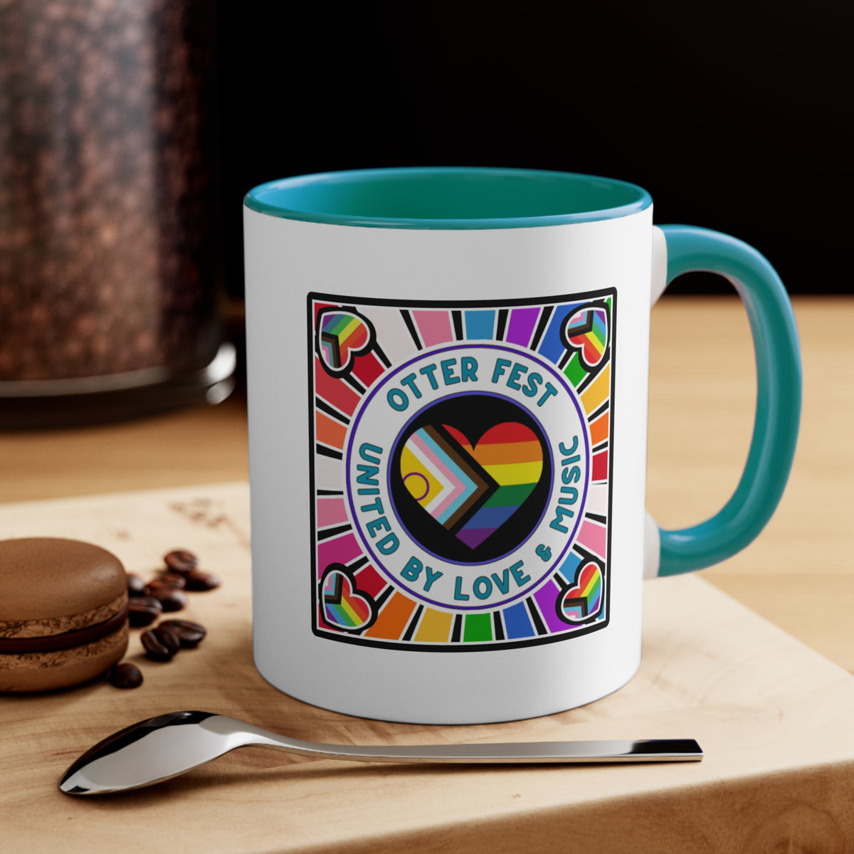 Otter Fest Pride Heart mug | United by Love & Music, Rainbow Accent Mug