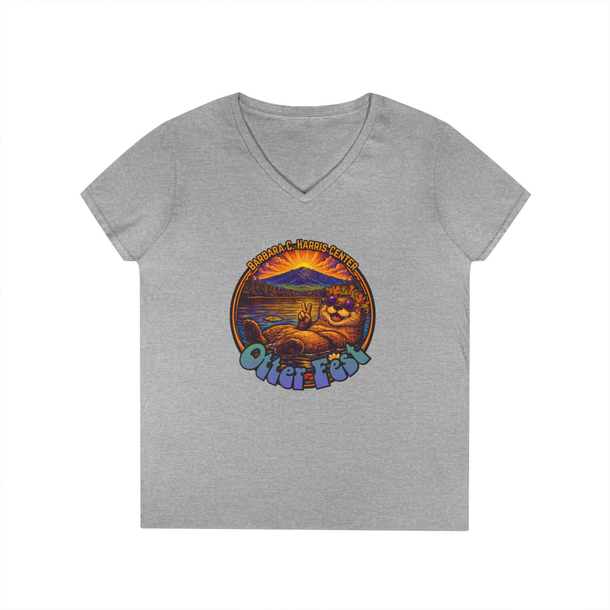 Otter Fest graphic V-Neck T-Shirt | Otter Illustration, Sunset Lake Scene