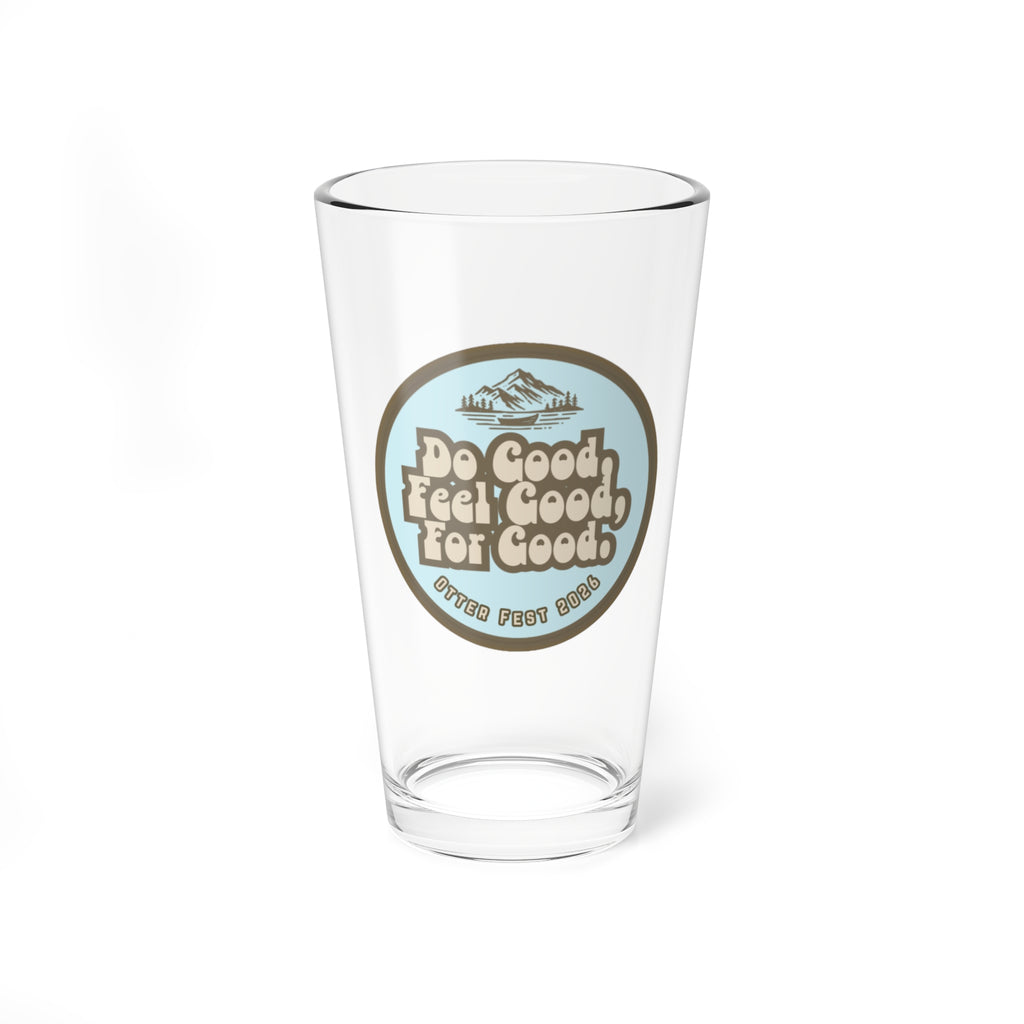 Shy Blue & Moss Do Good Feel Good For Good logo Mixing Glass, 16oz | Retro Mountain Badge