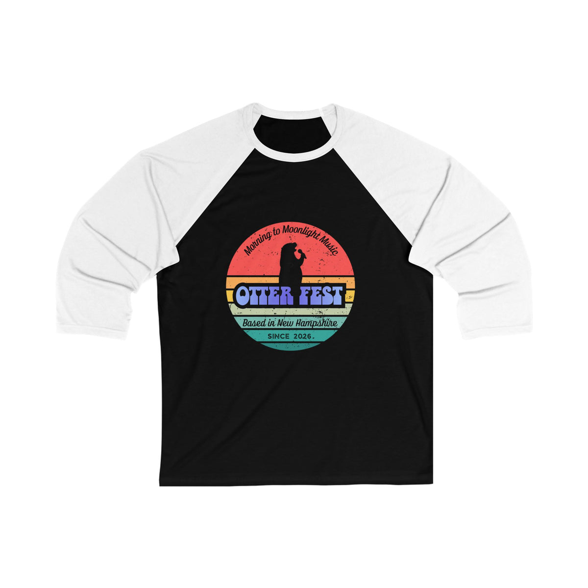 Otter Fest Retro Sunset Stripes Clem takes the Mic Logo Baseball Tee | Otter Fest