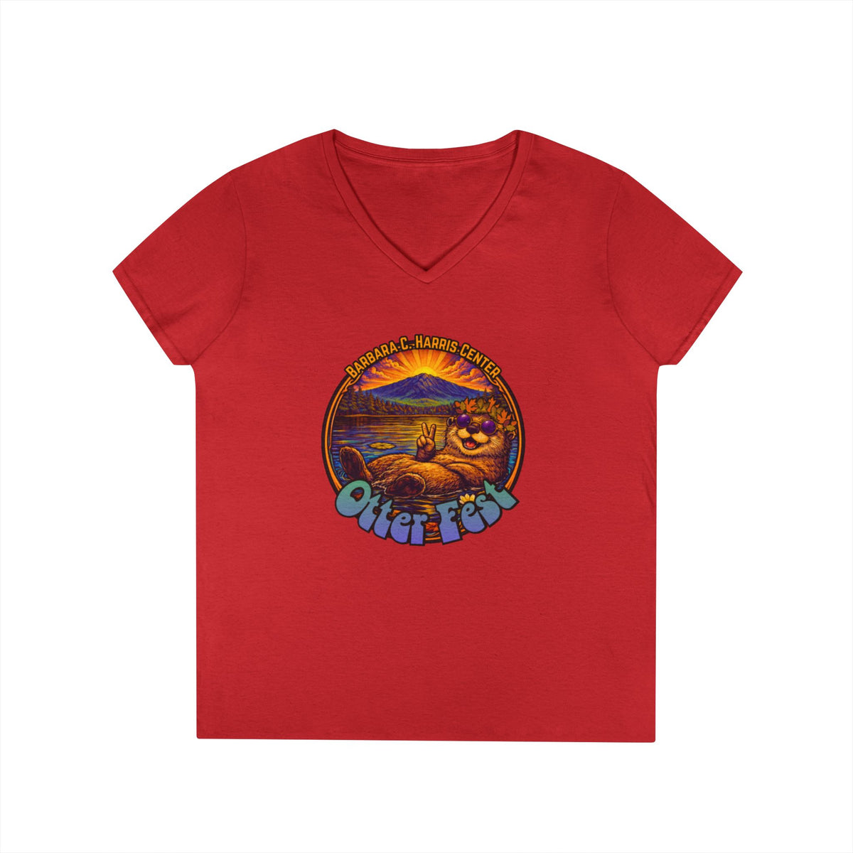 Otter Fest graphic V-Neck T-Shirt | Otter Illustration, Sunset Lake Scene