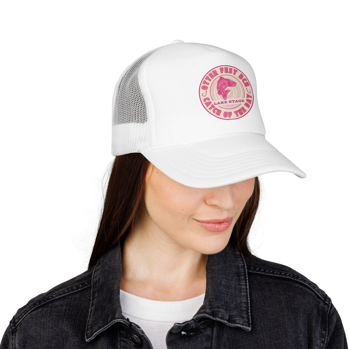 Otter Fest Pink Retro Casting Lake Stage Badge Foam Trucker Hat | Breast Cancer Awareness Month Tribute