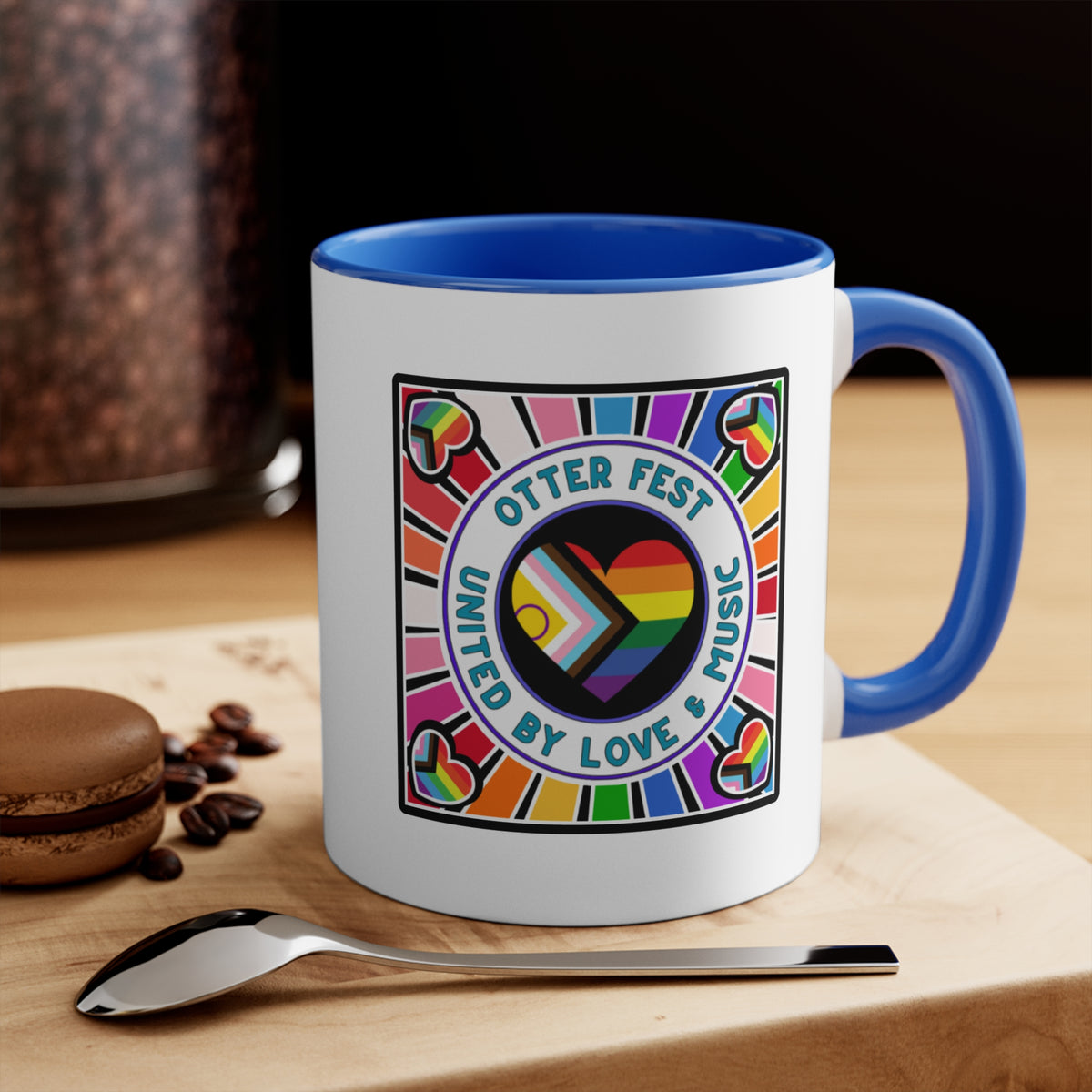 Otter Fest Pride Heart mug | United by Love & Music, Rainbow Accent Mug