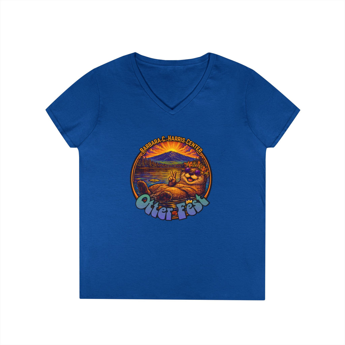 Otter Fest graphic V-Neck T-Shirt | Otter Illustration, Sunset Lake Scene
