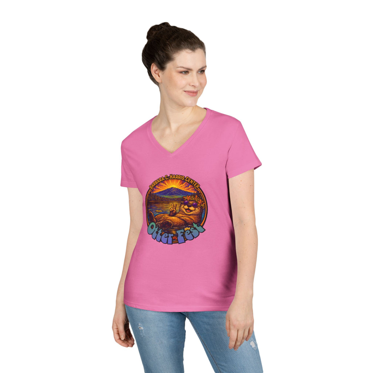 Otter Fest graphic V-Neck T-Shirt | Otter Illustration, Sunset Lake Scene