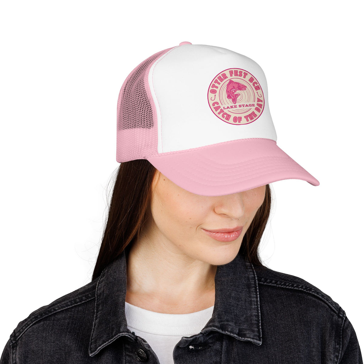 Otter Fest Pink Retro Casting Lake Stage Badge Foam Trucker Hat | Breast Cancer Awareness Month Tribute