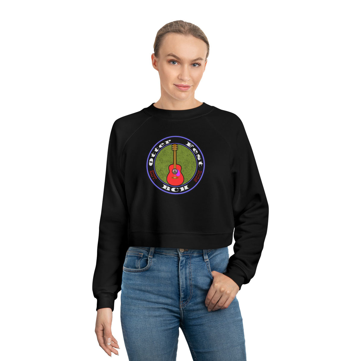 Otter Fest Acoustic Guitar Rose Patch circle design Cropped Pullover | Guitar music motif