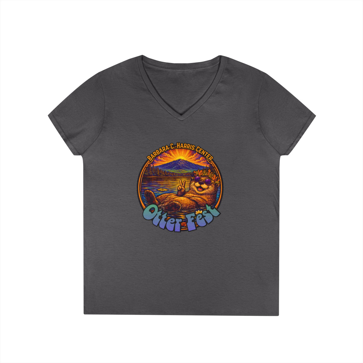 Otter Fest graphic V-Neck T-Shirt | Otter Illustration, Sunset Lake Scene