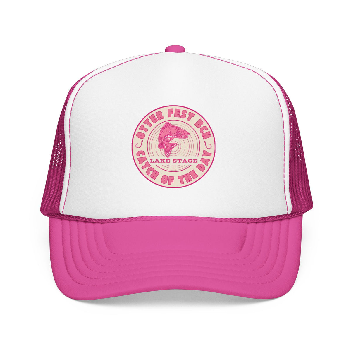 Otter Fest Pink Retro Casting Lake Stage Badge Foam Trucker Hat | Breast Cancer Awareness Month Tribute