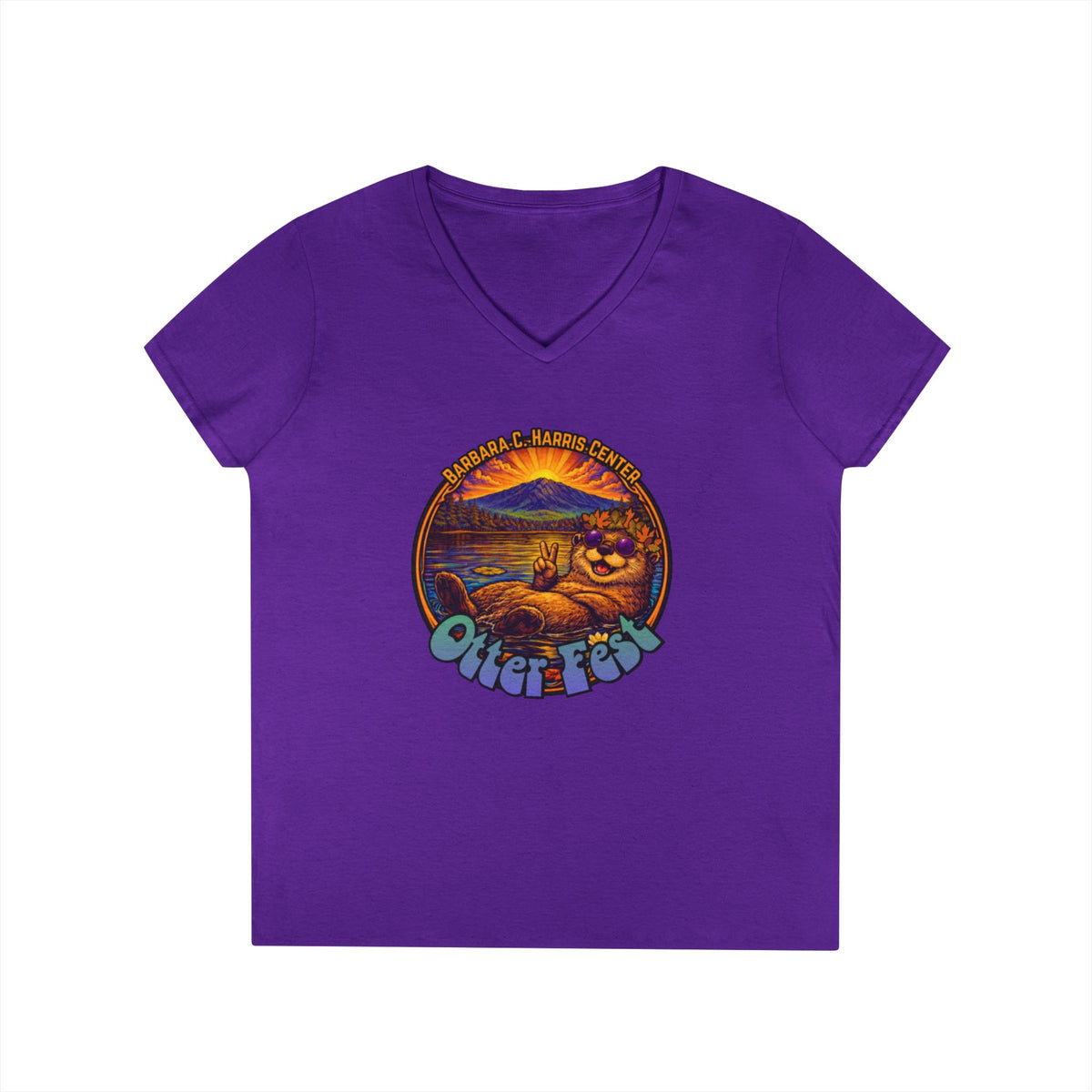 Otter Fest graphic V-Neck T-Shirt | Otter Illustration, Sunset Lake Scene