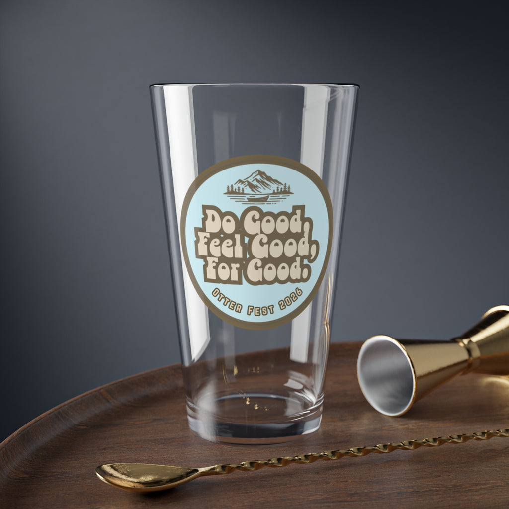 Shy Blue & Moss Do Good Feel Good For Good logo Mixing Glass, 16oz | Retro Mountain Badge