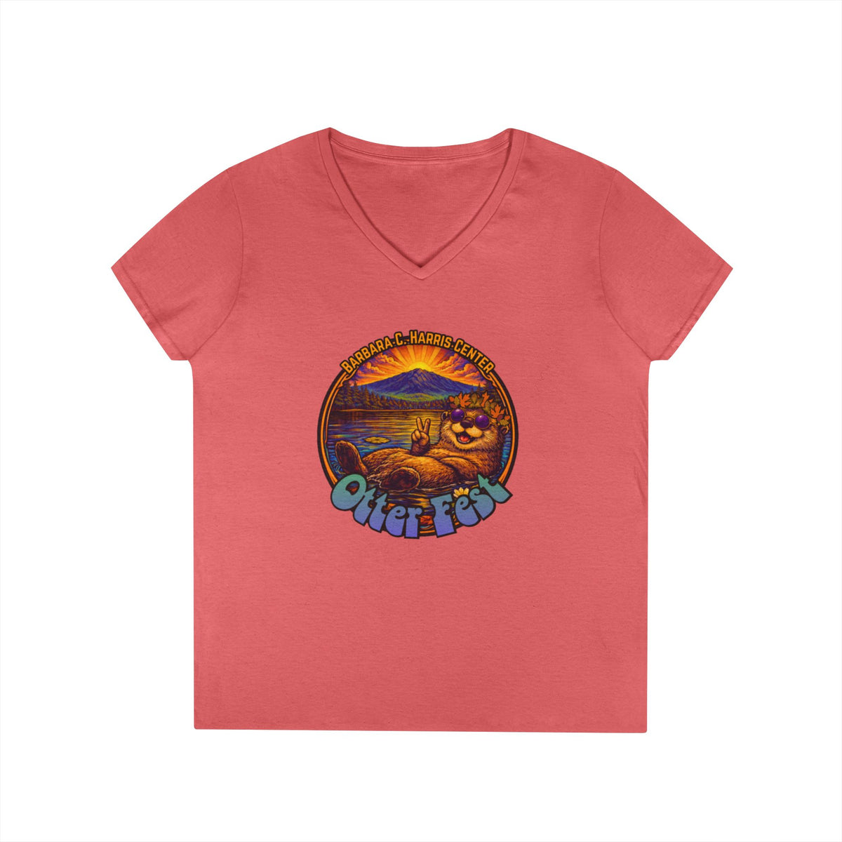 Otter Fest graphic V-Neck T-Shirt | Otter Illustration, Sunset Lake Scene