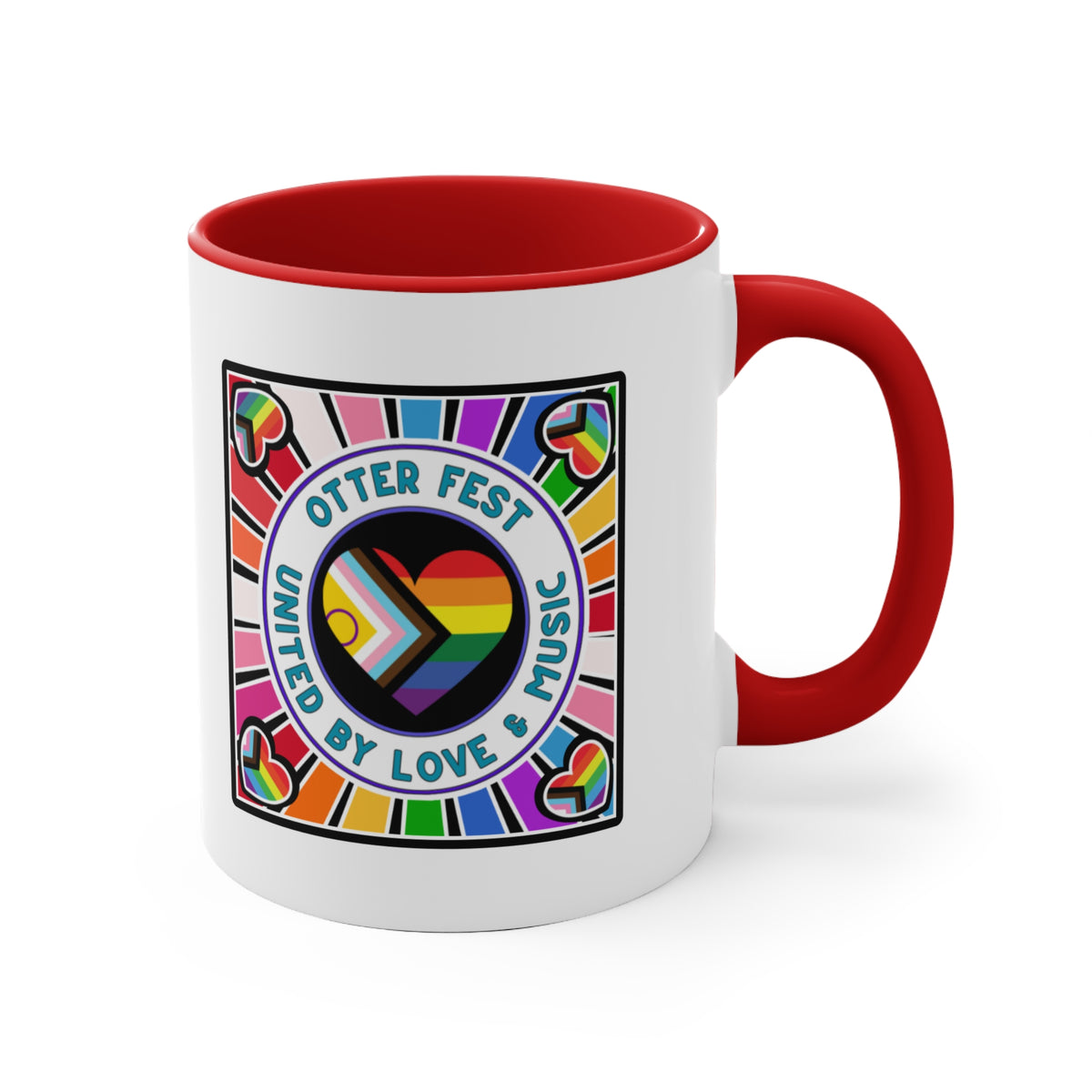 Otter Fest Pride Heart mug | United by Love & Music, Rainbow Accent Mug